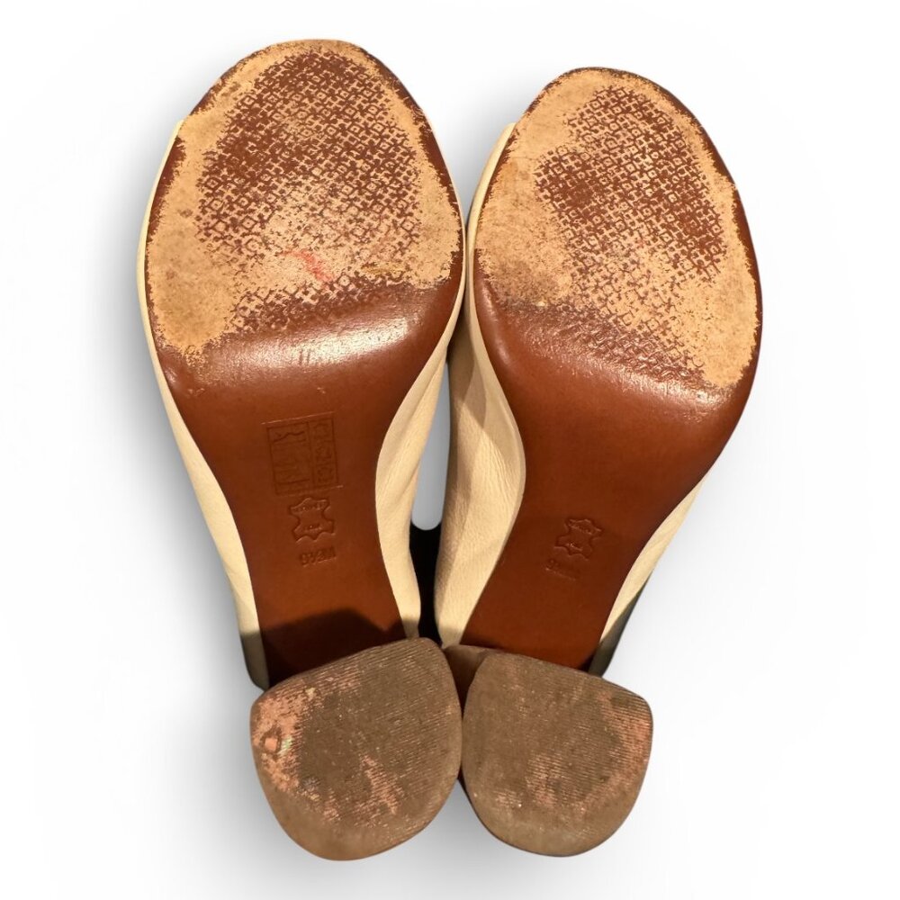 Tory Burch Raya Leather Open Toe Block Heel Mules Cream | Women’s 9.5 Designer - Picture 6 of 9